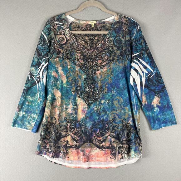 Reba Top Women 2X Burnout Southwestern Rhinestone Aztec Artsy Stretchy Abstract - Picture 1 of 14